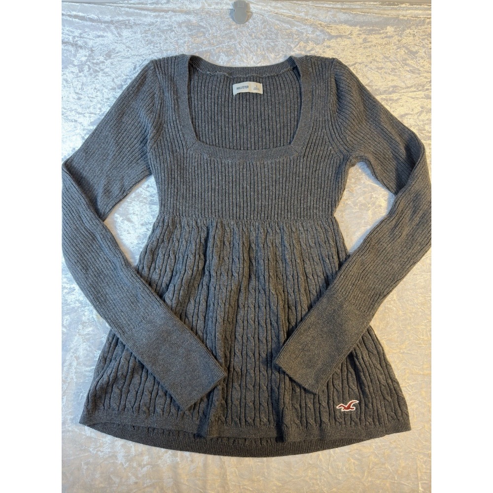 Hollister Sweater Women S Gray Babydoll Cable Knit Square Neck Y2K Bella Swan